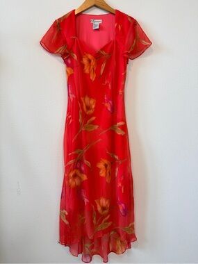 Vintage Dressbarn Coral Floral Midi Dress High Low Hem Cottagecore 10